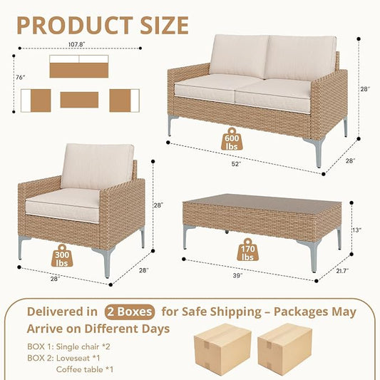 4-Piece Patio Furniture Set, Outdoor Wicker Sectional Sofa with Coffee Table, Anti-Slip & Thick All-Weather Cushions for Garden, Poolside, Backyard, Beige