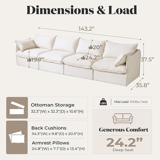 Cloud Modular Sofa, Oversized Deep Seat Comfort, Linen Blend | Fully Removable Washable Covers, Memory Foam Seat Cushions, Premium Fabric