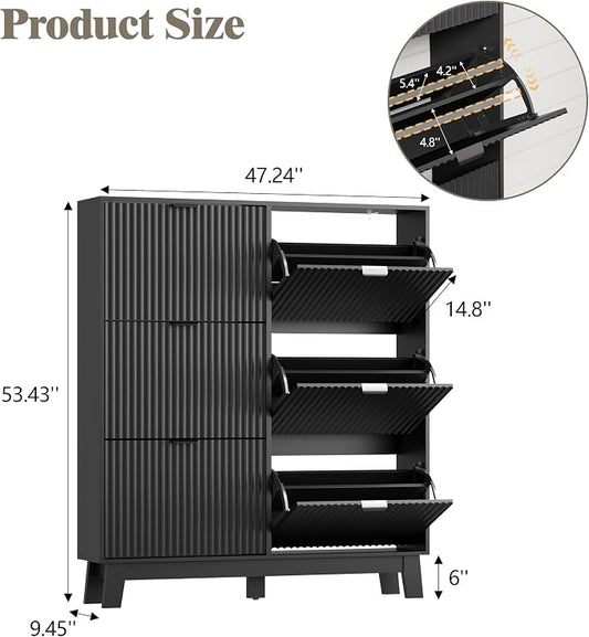 HUANLEGO Shoe Cabinet Storage for Entryway with 6 Flip Drawers, Fluted Narrow Shoe Organizer with Wooden Legs, Freestanding Slim Shoe Storage Hidden Shoe Rack Organizer for Front Door Entrance, Black