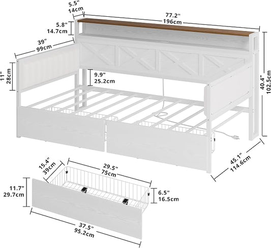 IRONCK Twin Size Daybed with Storage Drawers, Sturdy Metal Bed Frame with X-Shaped Headboard and Charging Station, Upholstered Farmhouse Daybed for Living Room, Bedroom, and Guest Room, White/Walnut