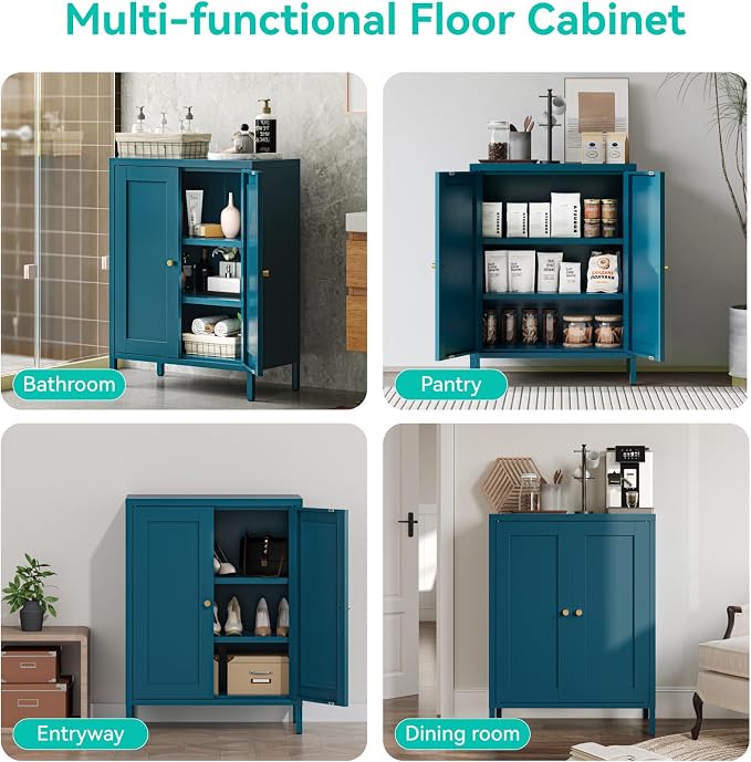 Metal Floor Storage Cabinet, Small Freestanding Sideboard Storage with 2 Adjustable Shelves for Bathroom Entryway Living Room Dining Room Coffee bar Kitchen,11.8"D x 23.6"W x 31.5"H,3-Tier,Teal Blue