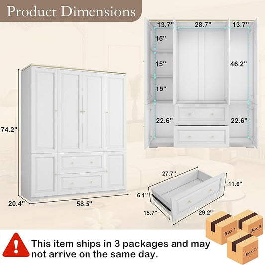 Armoire Wardrobe Closet with Drawers: 74" White Wardrobe Closet with 4 Doors, Tall Bedroom Armoires for Clothes, Wood Closets Cabinet for Hanging Clothes (59")