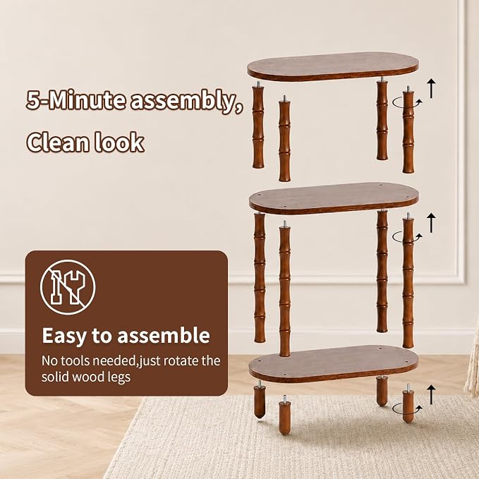 Narrow Side Table with Storage, 3-Tier End Table Skinny Nightstand for Bedroom, Living Room Small Space, Rustic Brown