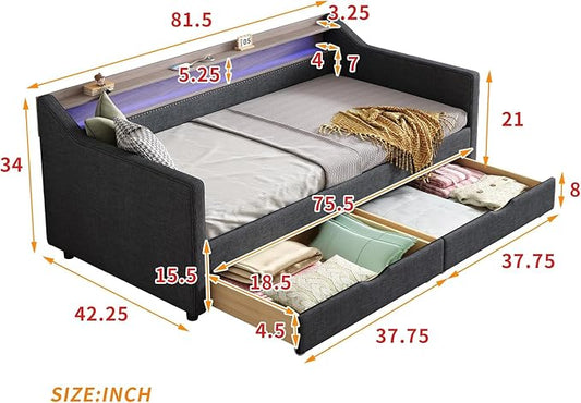 Twin Size Upholstered Daybed with Two Storage Drawers & USB | Dark Grey Linen Fabric,Two Drawers, 2-Tier Storage Shelf, USB Charging Port, LED Light, For Bedroom Apartment