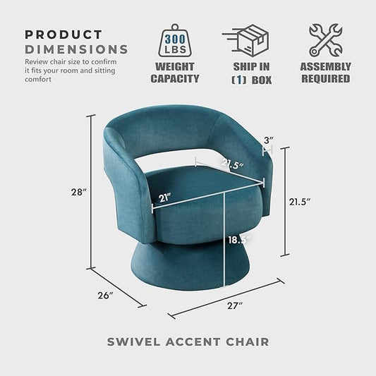 Lexicon 360 Degree Swivel Accent Chair, Modern Comfy Velvet Round Barrel Chair, Open Back, Plush Foam Cushions, Metal Swivel Base for Living Room/Bedroom/Office/Small Spaces, Dark Teal