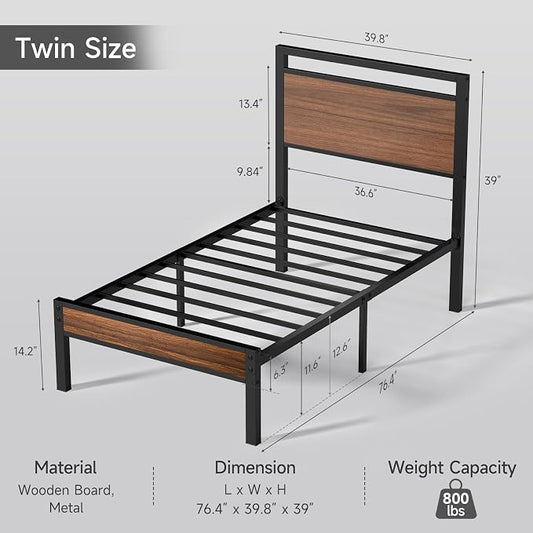 Z-hom Twin Metal Bed Frame with Wooden Headboard and Footboard, Heavy Duty Platform Frame with Mrtal Slats, No Box Spring Needed, Quiet and Non-Slip Design, Saving Space for Small Bedroom,Walnut
