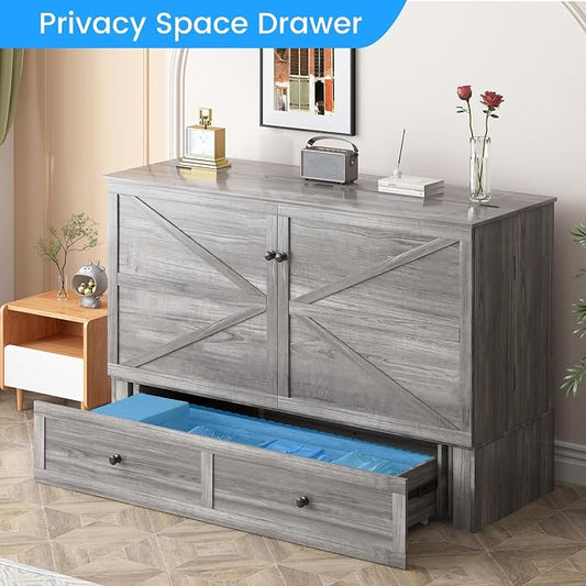 PUREMIND Queen Murphy Bed Cabinet, Multi-Functional Hideaway Cabinet Bed with Storage Drawer, USB Charging Ports and Folding Bedside Panel, Space Saving Chest Beds Wallbed for Guest Room/Small Space