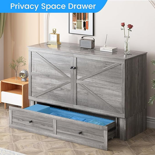 PUREMIND Queen Murphy Bed with Mattress Included, Multi-Functional Hideaway Cabinet Bed with Storage Drawer, USB Charging Port and Folding Bedside Panel, Space Saving Chest Beds Wallbed for Guest Room