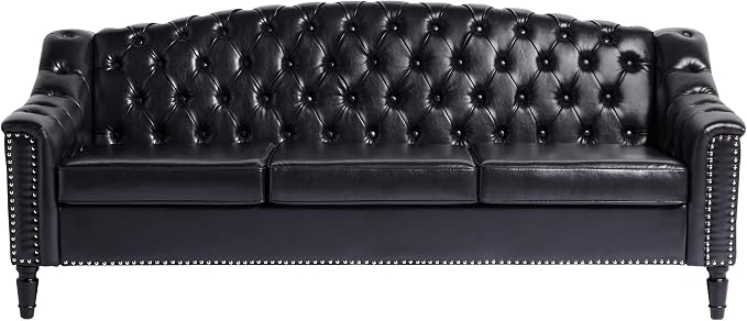 LEVNARY Mid-Century Modern Leather Couch, 80" Large Upholstered Sofa with High Back, Chesterfield Sofa Sleeper Settee with Solid Wood Legs, Tufted 3 Seater Wide Couches for Living Room Office (Black)