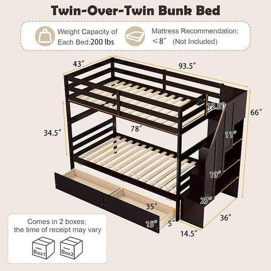 KOMFOTT Wood Twin Over Twin Bunk Bed with Storage Drawers & Stairs, Bunk Beds with Bookcase & Safety Guardrail, Solid Wood Slatted Bunk Bed for Kids Teens Adults, No Box Spring Needed (Espresso)