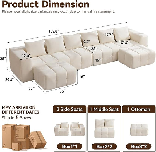 160" Boneless U-Shaped Sofa Couch with 2 Ottoman, 6 Seater Comfy Cloud Sectional Sofas with Deep Seat, Oversized Chenille Sectional Memory Foam Couches for Living Room Bedroom, Tufted Sofa, Beige