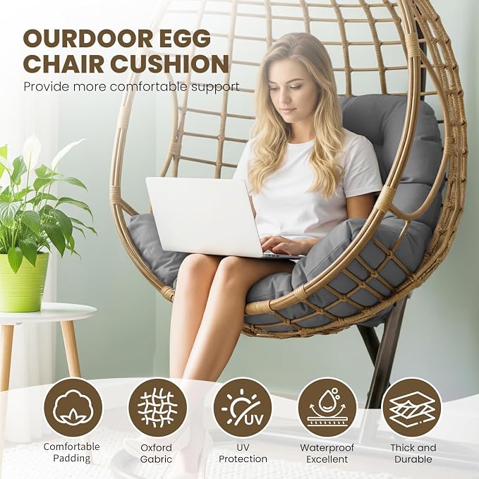 Egg Chair Cushion Replacement Outdoor Hanging Chair Cushion for Patio Furiture Hammock Swing Cushion 47x35x6 Inches (Light Gray)