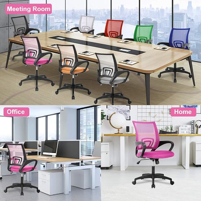 BestOffice | Ergonomic Office Chair | Mid-Back Swivel Desk Chair | Breathable Backrest & Lumbar Support | Adjustable Height | Sponge Seat | Rolling Wheels | Pink | for Adults & Women | Pack of 2