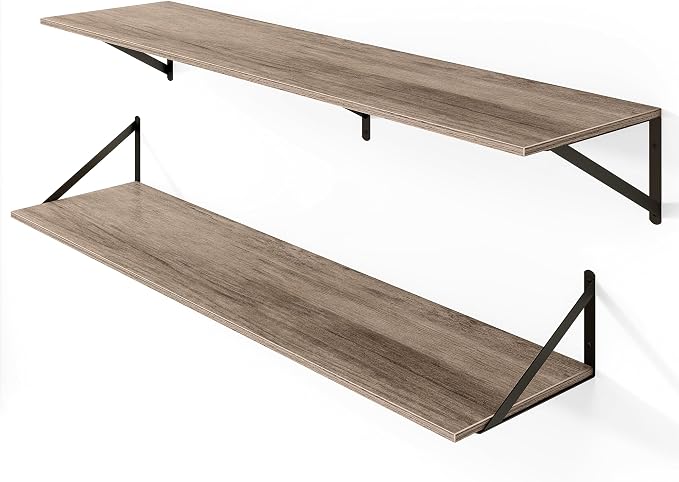Heimlove Deep Floating Shelves for Wall, 48W x 12D Rustic Grey Wood Wall Shelves Set of 2, Large Floating Shelf for Living Room, Kitchen, Office, Bedroom and Decor Storage, with Metal Bracket - Grey