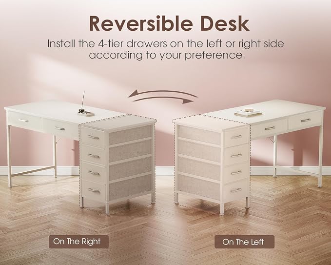 Casaottima 48 Inch Computer Desk with 6 Drawers, Reversible Storage Desk for Home Office, Work Study Table for Bedroom, White
