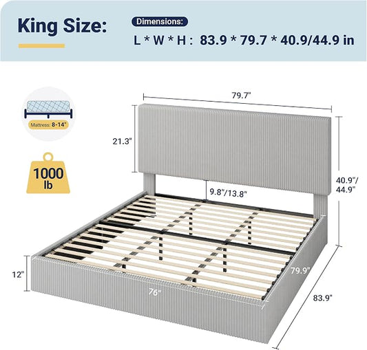 Allewie King Bed Frame, Upholstered Platform Bed, Adjustable Vertical Channel Tufted Headboard, Corduroy Fabric, Modern Low Profile, Wooden Slats, No Box Spring Needed, Easy Assembly, Light Grey