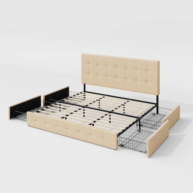 Allewie Upholstered King Size Platform Bed Frame with 4 Storage Drawers and Headboard, Square Stitched Button Tufted, Mattress Foundation with Wooden Slats Support, No Box Spring Needed, Beige