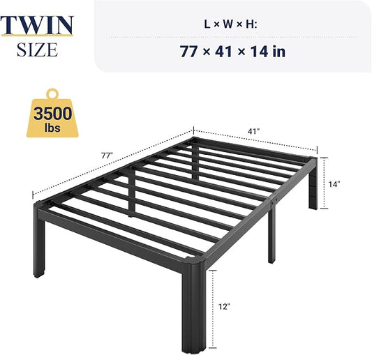 Allewie Metal Twin Bed Frame, 14 Inch 3500LBS Heavy Duty Platform Bed with Rounded Corner & Under Bed Storage, No Box Spring Needed, Noise Free, Easy Assembly, Black