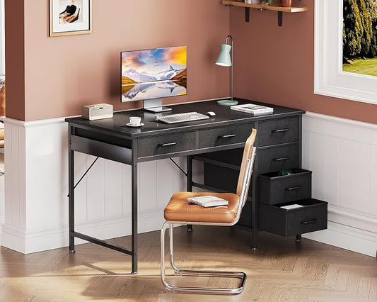 Casaottima 40 Inch Small Computer Desk with 6 Drawers, Reversible Storage Desk for Home Office, Work Study Table for Bedroom, Black
