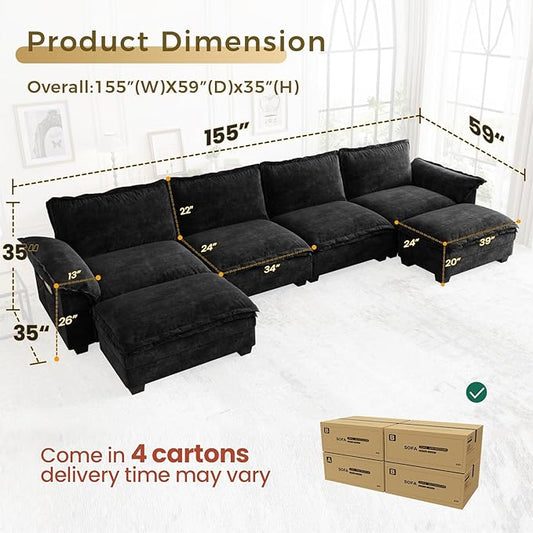 KKL U-Shaped Modular Sectional Sofa, 6 Seater Cloud Couch with Ottoman, Chenille Sectional Couches for Living Room, Apartment, Black