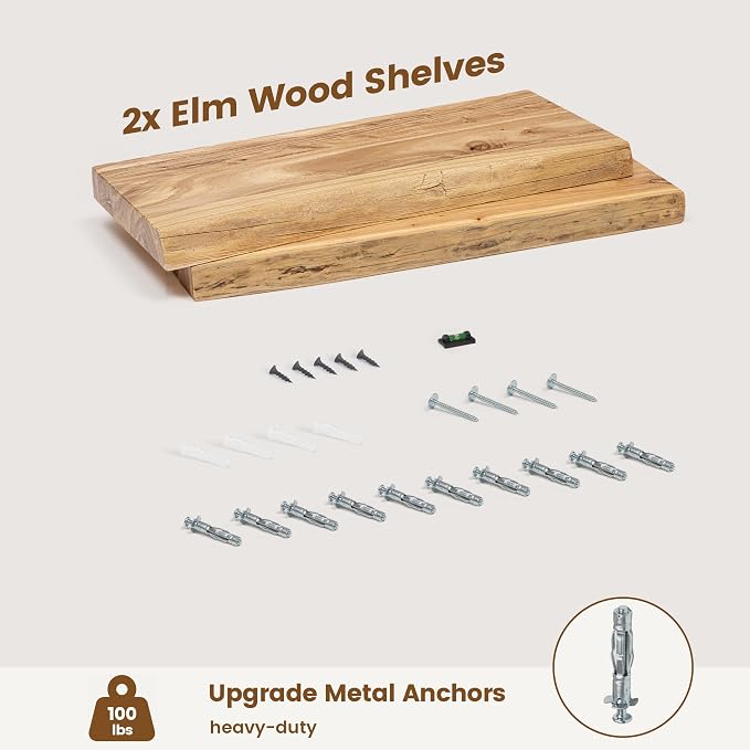 Venusmiles Live Edge Elm Floating Shelves for Wall Decor, Rustic Solid Wood Shevles Wall Mounted with Invisible Bracket for Living Room Bathroom Bedroom Kitchen, 22.5 Inch Set of 2, Natural