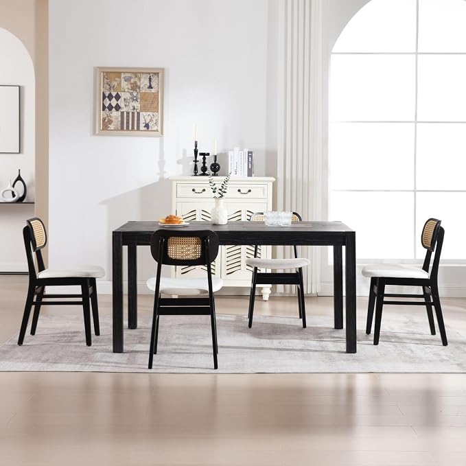 ROCITY Rattan Dining Chairs Set of 6 Black Linen Fabric Dining Room Chairs Natural Wooden Kitchen Chairs Farmhouse Boho
