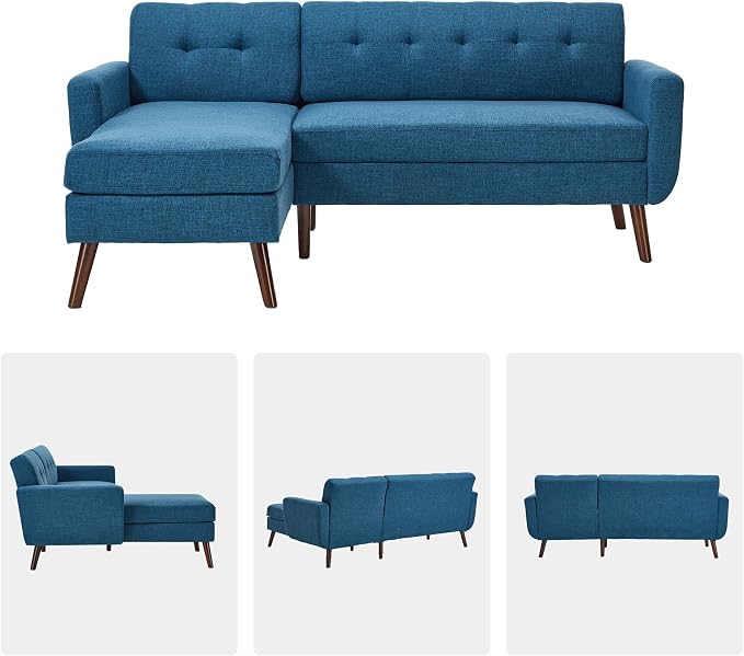 Kingfun L Shaped Couch, 80" W Mid-Century Modern Sofa, Sectional Couches, 3 Seater Sofas with Wide Chaise Lounge, Button Tufted Upholstered Sectional Sofa for Living Room, Bedroom, Blue