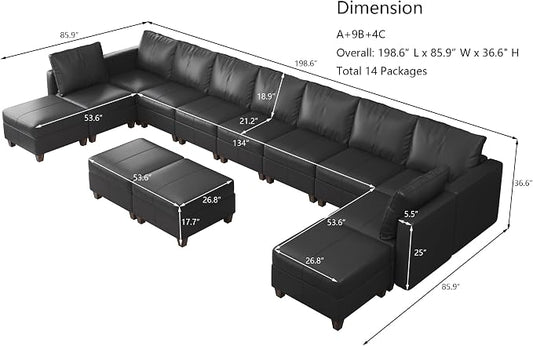 EASE MOOSE Faux Leather Modular Couch Sectional Sofa with Storage Ottomans, Oversized U Shaped Couch, Black
