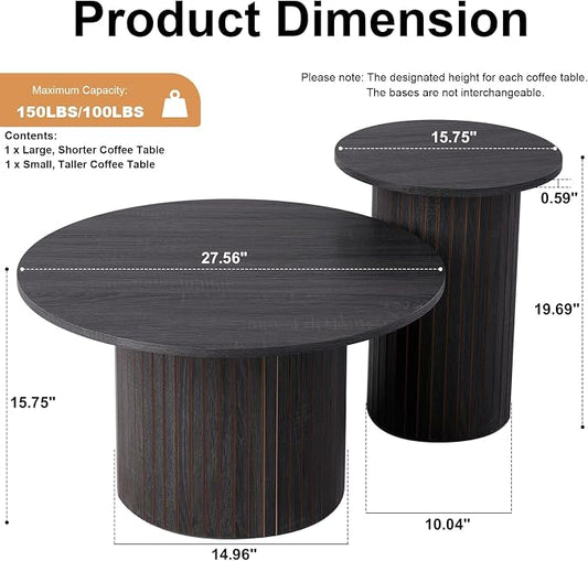 Round Nesting Coffee Tables for Living Room, Set of 2, Black | φ27.6 + φ15.8 Boho Small Circle Side Tables, Fluted Drum Design Wood Grain Finish Minimalist Modern End Table, Small Spaces