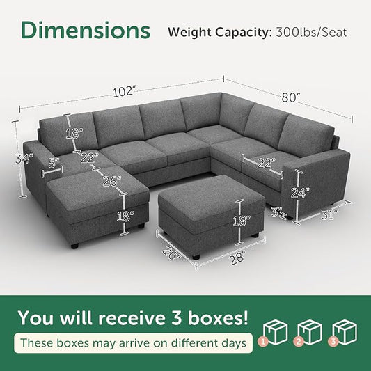 HONBAY Sectional Couch with Storage, U Shaped Sectional Sofa, 8 Seater Sectional Couch for Living Room, Light Grey