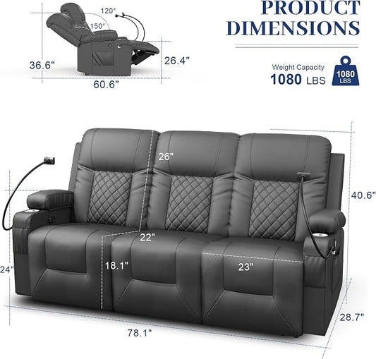 3 Seater Recliner Sofa, Home Theater Seating with Storage & Pocket, 3 Seat Reclining Couch with USB Ports & Phone Holders, Wall Hugger RV Sofa Furniture Loveseat Recliner Couch