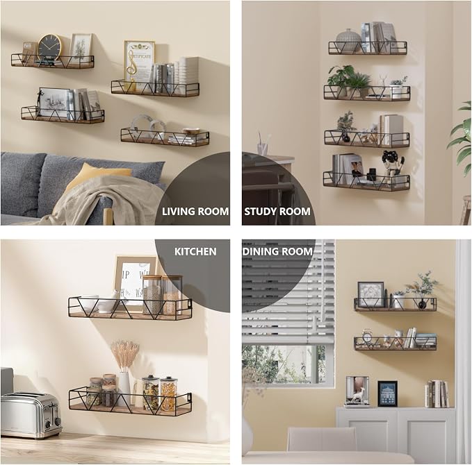 Amaoot Floating Shelves Set of 4, Home Wood Wall Shelf, Farmhouse Shelf for Bedroom, Wall Mounted Floating Shelf for Living Room, Bedroom, Bathroom, Kitchen, Office (Brown)