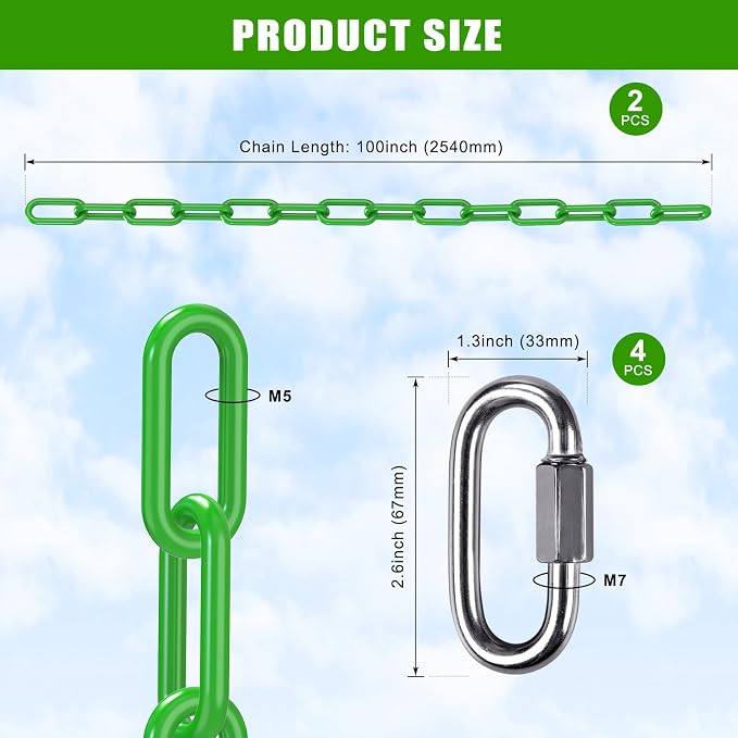 SELEWARE 2 Pack 100 Inch Hanging Swing Chain with 4 Carabiners, 1000LB Capacity Plastic Coated Hanging Chains, Hammock Hardware Kit for Swing, Hanging Chair, Punching Bags, Indoor Outdoor Gym (Green)
