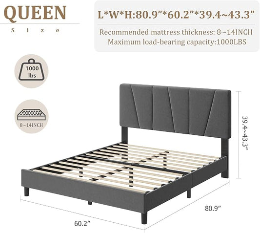 GarveeHome Queen Size Bed Frame with Upholstered Headboard, Modern Fabric Platform Bed Frame with Wooden Slat Support, Adjustable Headboard, No Box Spring Needed, Noise-Free, for Bedroom