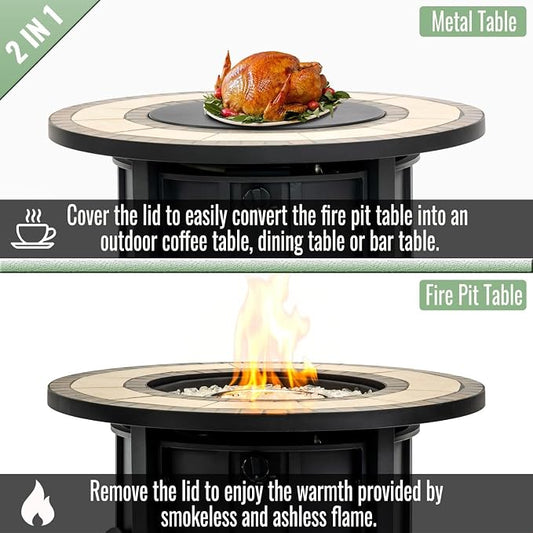 30" Propane Gas Fire Pit Table, 50000 BTU Round Outdoor Fire Pit with Mosaic Ceramic Tabletop, Steel Patio Fire Table with Lid & Rain Cover for Backyard Deck Garden, Black