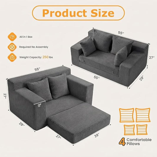 Winzon Boneless Loveseat, 3 in 1 Convertible Sofa Bed Sleeper Sofa Floor Futon Bed with 4 Pillows, 55" Grey Boneless Couch for Living Room, Guest Room, Small Space, No Assembly Required, Corduroy
