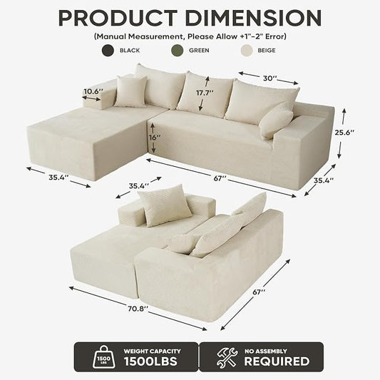 Boneless Couch, 102.4" Sectional Couches for Living Room with L Shape Sofa | Cloud Couch Sectional with Chaise, Modular Cloud Sofa with Deep Seat, No Assembly, Beige, Corduroy, Left Chaise