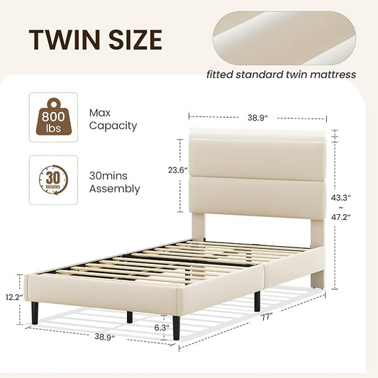 GRUSIGN Twin Size Platform Bed Frame with Velvet Headboard, Adjustable Height Wooden Slats Support, Upholstered Mattress Foundation, Fits Mattress or Mattress with Box Spring, Easy Assembly, Beige