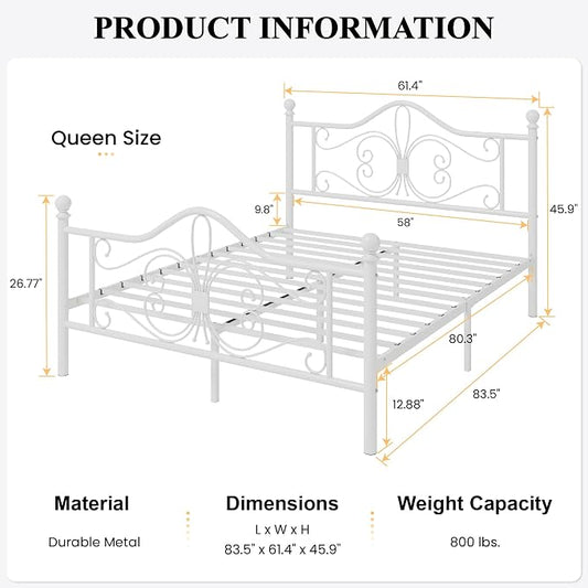 SHA CERLIN Queen Size Bed Frame with Headboard,Metal Bed Frame with Butterfly Pattern Design Headboard & Footboard,No Box Spring Needed,Easy Assembly,White