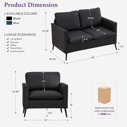 TYBOATLE Faux Leather Loveseat Sofa and Accent Chair Set of 2, Comfy Love Seat Couch and Chair Set, Mid-Century Modern 2 Seat Couches for Small Spaces, 3 Pieces Living Room Furniture Sets (Black, 3)