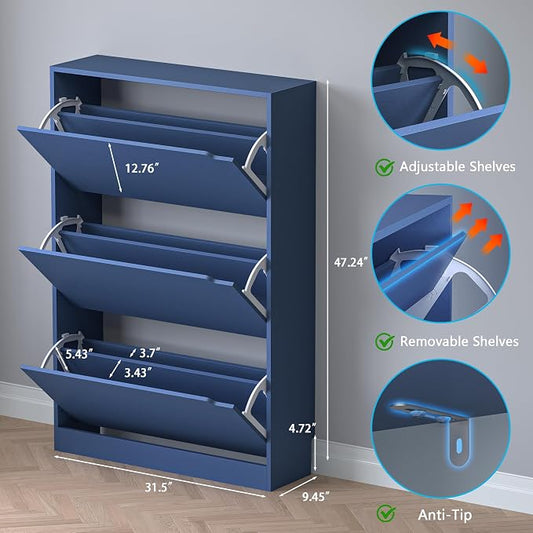 BORNOON Shoe Cabinet with 3 Flip Drawers, Hidden Wood Shoe Cabinet,Freestanding Shoe Storage Cabinet for Entryway Hallway. 47.2" H*31.5" W*9.45" D