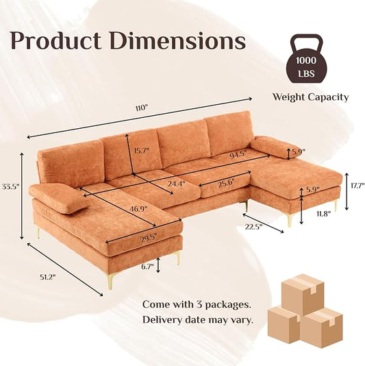 Karl home Convertible Sectional Sofa 110" U-Shape Sofa Couch 4-Seat Couch with Chaise ChenilleFabric Upholstered for Living Room, Apartment, Office, Orange