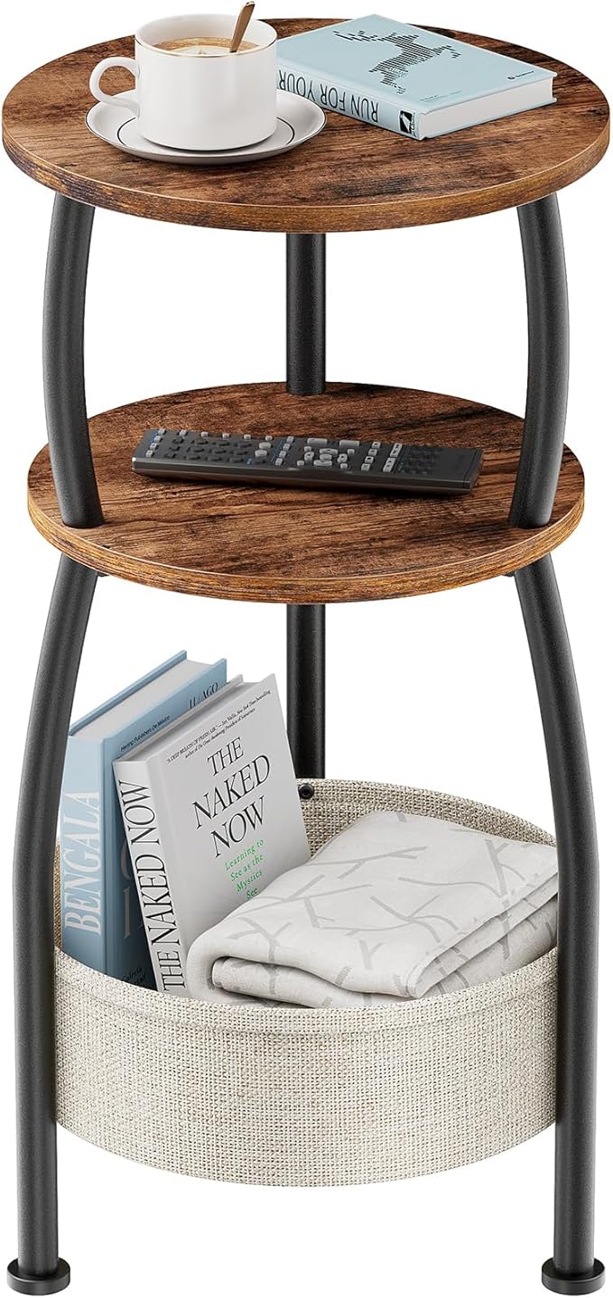 Round Side Table for Small Spaces with Storage Basket –Small End Table 3-Tier Night Stand Sofa Corner Table for Living Room, Bedroom, Patio and More 24in Tall Rustic Brown
