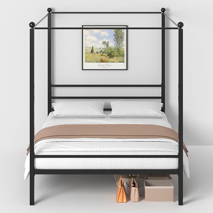 Lutown-Teen King Size Canopy Bed Frame, Four Poster Metal Canopy King Size Bed Frame, Heavy Duty Mattress Foundation with Underbed Storage, No Box Spring Needed, Easy Assembly, Black