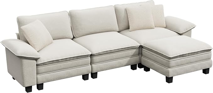 PHI VILLA Cloud Modular Couch Sets, 123.6" Sectional Sofa with L-Shaped Chaise, 4-Seater Upholstered Couches with Movable Ottoman for Living Room, Chenille Fabric, Beige
