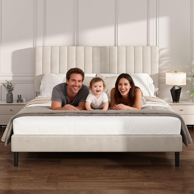 King Size Platform Bed Frame with Vertical Channel Tufted Headboard, No Box Spring Needed, Noise-Free, Easy Assembly, Beige Velvet