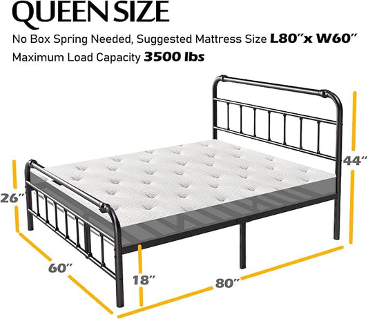 BOSRII Queen Size Bed Frame with Headboard and Footboard, 18 Inches High, 3500 Pounds Heavy Duty Metal Slats Support for Mattress, No Box Spring Needed, Noise-Free, Black
