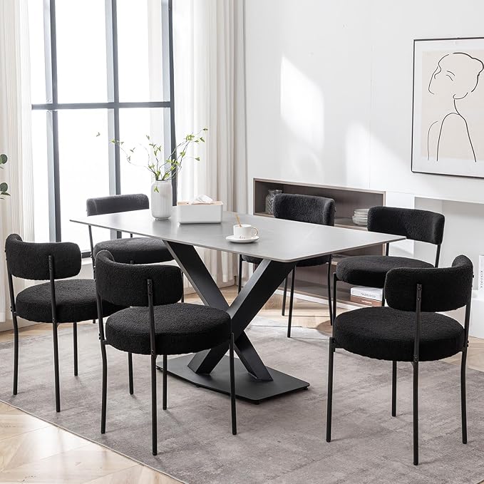 Cinxzar Black Boucle Dining Chairs Set of 4, Upholstered Dining Chairs with Black Metal Legs, Round Modern Dining Chair for Dining Room