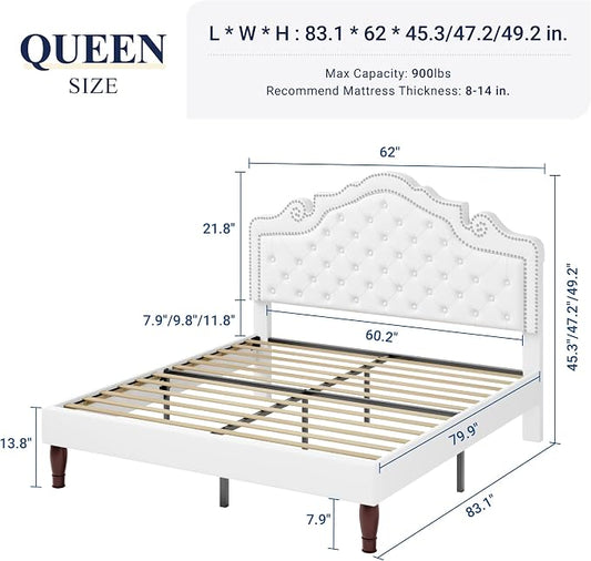 Allewie Queen Bed Frame with Adjustable Velvet Tiara Headboard, Upholstered Diamond Button Tufted Platform Bed, Wood Slats Support, No Box Spring Needed, Mattress Foundation, Easy Assembly, White