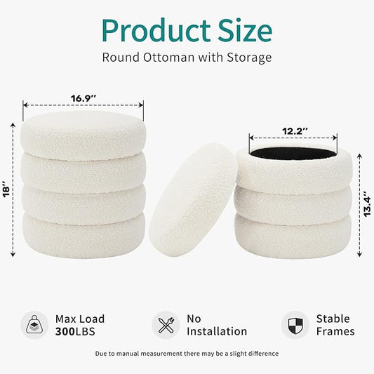 Busaurus Round Ottoman with Storage for Living Room Small Boucle Foot Stool Modern Upholstered Vanity Stool Ottoman Foot Rest for Dorm Corner Home Decor, Set of 1 (White)